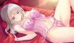  bed bra cameltoe game_cg gray_hair kakegawa_hazuki kiba_satoshi marmalade navel panties purple_eyes see_through short_hair study_&sect;_steady underwear 