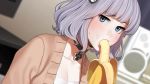  aconitea aqua_eyes blush choker close food fruit game_cg gray_hair il_shi koichi_ai onii-chan_asobo short_hair 
