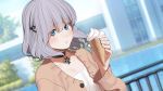  aconitea blue_eyes blush choker food game_cg gray_hair ice_cream il_shi koichi_ai onii-chan_asobo short_hair water 