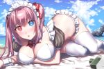  beach bicolored_eyes breast_hold breasts cleavage clouds headdress kirisaki_(miku-azu-2525) long_hair maid original pink_hair sky thighhighs twintails 