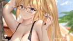  blonde_hair blue_eyes breasts camera cangkong cleavage close fate/grand_order fate_(series) glasses jeanne_d&#039;arc_(fate) long_hair ponytail swimsuit wet 