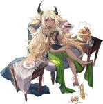  1girl anklet asymmetrical_horns bangle bangs barefoot blonde_hair blush bracelet breasts cake chair criin crossed_legs cup dark-skinned_female dark_skin dress eating feet food fork full_body gem hair_between_eyes holding holding_fork holding_plate horns iron_saga jewelry long_hair medium_breasts moirai_(iron_saga) official_art plate pointy_ears red_eyes shoes shoes_removed sitting solo table transparent_background two_side_up very_long_hair 