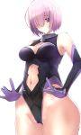  1girl bangs bare_shoulders blush breasts cameltoe cleavage cleavage_cutout closed_mouth commentary_request cowboy_shot elbow_gloves eyebrows_visible_through_hair fate/grand_order fate_(series) gloves groin hair_over_one_eye highleg highleg_leotard highres hip_focus leotard leotard_pull looking_at_viewer mash_kyrielight medium_breasts navel navel_cutout pink_hair pulled_by_self purple_eyes purple_gloves purple_leotard rikudou_inuhiko short_hair simple_background smile solo stomach thighs white_background 