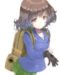  1girl akiyama_yukari backpack bag bangs black_gloves blue_coat brown_eyes brown_hair closed_mouth commentary double-breasted emblem eyebrows_visible_through_hair girls_und_panzer glove_pull gloves green_skirt japanese_tankery_league_(emblem) leaning_forward long_sleeves looking_at_viewer messy_hair miniskirt ooarai_school_uniform pleated_skirt school_uniform short_hair simple_background single_glove skirt smile solo standing white_background yurikuta_tsukumi 