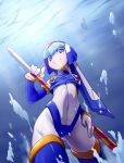  1girl android blue_eyes breasts bubble covered_navel cowboy_shot foam gloves hand_on_own_thigh hand_on_thigh head_tilt helmet holding leviathan_(rockman) looking_at_viewer looking_down polearm qq438237232 rockman rockman_zero small_breasts solo spear thighhighs underwater weapon 
