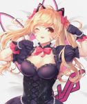  1girl absurdres ahoge alternate_costume animal_ears bead_bracelet beads black_cat_d.va black_dress black_gloves blonde_hair bow bowtie bracelet breasts brown_eyes cat_ears character_name cleavage clenched_hands corset d.va_(overwatch) dress earrings emblem eyebrows_visible_through_hair facepaint facial_mark frilled_dress frills gloves hair_bow heart heart_earrings highres huge_filesize jewelry lolita_fashion looking_at_viewer lying medium_breasts on_back on_bed one_eye_closed overwatch pearl_bracelet pink_bow pink_lips puffy_short_sleeves puffy_sleeves short_sleeves solo tongue tongue_out twintails upper_body whisker_markings white_background yeoru 
