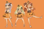  3girls bangs black_shirt blonde_hair blunt_bangs brown_eyes brown_hair bubble_skirt commentary_request fang fujinozu full_body grecale_(kantai_collection) green_eyes hair_ornament hair_ribbon hairclip halloween halloween_costume hat jack-o&#039;-lantern kantai_collection libeccio_(kantai_collection) long_hair looking_at_viewer maestrale_(kantai_collection) multiple_girls one_eye_closed one_side_up orange_background orange_headwear orange_skirt ribbon shirt silver_hair simple_background skirt standing tan tank_top tongue tongue_out twintails 