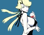  1girl backless_dress backless_outfit black_dress blonde_hair blue_background blue_eyes breasts dress elite_four ggarden hair_over_one_eye holding holding_poke_ball huge_breasts lipstick long_hair looking_at_viewer looking_to_the_side makeup poke_ball poke_ball_(generic) pokemon pokemon_(game) pokemon_oras pokemon_rse prim_(pokemon) sideboob simple_background smile solo upper_body 
