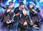  3boys arm_up black_choker black_eyes black_gloves black_hair black_headwear black_jacket black_pants black_shirt blonde_hair blue_hair choker collarbone collared_shirt command_spell commentary_request cross cross_necklace cu_chulainn_(fate/grand_order) dress_shirt earbuds earphones fate/grand_order fate/stay_night fate_(series) fingerless_gloves fur-trimmed_jacket fur_trim gilgamesh gloves grin hand_up hat headset highres holding holding_microphone jacket jewelry kotomine_kirei lancer latin_cross long_hair long_sleeves looking_at_viewer low_ponytail male_focus microphone multiple_boys necklace open_clothes open_jacket open_mouth pants parted_lips peaked_cap ponytail purple_vest red_eyes rijjin shirt single_glove smile stage_lights vest 