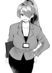  1girl bangs breasts cleavage collarbone collared_shirt commission dress_shirt english_commentary folder greyscale hair_over_one_eye hand_on_hip high_ponytail id_card lanyard large_breasts long_hair looking_at_viewer monochrome norman_maggot office_lady open_mouth original pencil_skirt ponytail shirt skirt undershirt 