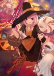  1girl bat candy costume fishnet_legwear fishnets food ghost halloween halloween_costume hat highres jack-o&#039;-lantern lollipop otogi_lilu pumpkin purple_eyes purple_hair short_hair smile swirl_lollipop virtual_youtuber wactor_production witch witch_hat 