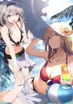  +_+ 2girls alternate_costume astral_buddy beach bikini blonde_hair breasts drill_hair drink eyewear_removed flower food fruit grey_hair hair_between_eyes hat highres hokaze_junko jewelry lens_flare long_hair lying medium_breasts multiple_girls necklace orange orange_slice palm_tree parasol red_bikini_top shaded_face shokuhou_misaki sunflower sunglasses sunlight swimsuit tdob_mk2 to_aru_kagaku_no_railgun to_aru_majutsu_no_index tree umbrella yellow_eyes 