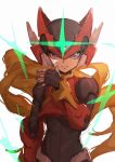  1boy absurdres android blonde_hair blue_eyes facing_viewer helmet highres long_hair looking_at_viewer male_focus rockman rockman_zero shino_hiro22 simple_background solo upper_body white_background zero_(rockman) 