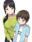  1boy 1girl age_difference black_hair blue_eyes blush brown_hair commentary hand_on_another&#039;s_shoulder hashi long_hair orange_eyes original out_of_frame ponytail short_hair white_background 
