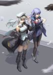  2girls absurdres ankle_boots azur_lane bangs bare_shoulders bird black_legwear black_neckwear black_ribbon blue_hair blush boots braid breasts brown_eyes cloak coat dori_(pixiv_36360503) dress enterprise_(azur_lane) essex_(azur_lane) eyebrows_visible_through_hair feathers floating_hair french_braid full_body gloves hair_ribbon hand_up hat highres large_breasts long_hair looking_at_viewer multiple_girls necktie off_shoulder pantyhose partly_fingerless_gloves peaked_cap pleated_skirt purple_eyes red_neckwear revision ribbon shirt silver_hair skirt sleeveless sleeveless_shirt smile thighhighs twintails very_long_hair wind 