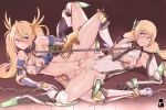  2girls ahoge angela_balzac arm_support armored_boots bangs bdsm blonde_hair blue_eyes blush bondage boots bottomless bound bradamante_(fate/grand_order) braid breasts censored chain collar covered_navel crown_braid cuffs detached_collar elbow_gloves fate/grand_order fate_(series) faulds forced_partners french_braid frown full_body gloves green_eyes hair_between_eyes headgear large_breasts leotard long_hair low_twintails lying mosaic_censoring mr.takealook multiple_girls navel nipple_chain nipple_piercing nipple_rings nipples nose_blush on_floor piercing pussy rakuen_tsuihou spread_legs torn_bikini torn_clothes torn_leotard tribadism twintails two-tone_bikini very_long_hair white_leotard yuri 