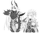 2girls bone book breastplate cape closed_mouth crown domino_mask fire_emblem fire_emblem_heroes greyscale hair_ornament holding holding_book horns long_hair maiqtells mask monochrome multiple_girls see-through simple_background skeleton thrasir_(fire_emblem) veronica_(fire_emblem) white_background 