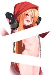  1girl bar_censor bare_shoulders bdsm black_gloves blonde_hair blush bondage bound breasts censored chain chained cuffs elbow_gloves evileye eyebrows_visible_through_hair falsche.shido fangs gloves highres hood long_hair looking_at_viewer navel open_mouth overlord_(maruyama) red_eyes red_hood shackles simple_background small_breasts smile solo teeth white_background 