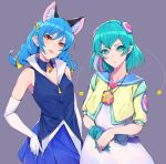  2girls :p animal_ears aqua_eyes aqua_gloves aqua_hair bangs bare_shoulders belt blue_cat blue_hair breasts cat_ears detached_collar dress eyebrows_visible_through_hair gloves hagoromo_lala hair_ornament jewelry long_hair looking_at_viewer multiple_girls necklace orange_eyes parted_lips pleated_skirt pointy_ears precure purple_background simple_background single_glove skirt sleeveless smile star_twinkle_precure sugarbeat tongue tongue_out white_gloves yuni_(precure) 