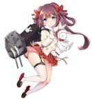 1girl azur_lane blue_eyes blush bow brown_footwear brown_hair closed_mouth coat eyebrows_visible_through_hair full_body garter_straps hair_bow holding holding_stuffed_animal kiyonami_(azur_lane) kneehighs loafers looking_at_viewer official_art philomelalilium red_bow red_skirt shoes single_kneehigh single_thighhigh skindentation skirt solo stuffed_animal stuffed_bunny stuffed_toy thighhighs transparent_background twintails white_legwear 