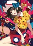  1girl :d bad_id bad_pixiv_id bangs bare_legs black_hair blue_bow blush bow brown_eyes card collared_shirt eyebrows_visible_through_hair hanafuda hat head_tilt high-waist_skirt highres kendama komeo15 looking_at_viewer medium_hair multicolored multicolored_polka_dots neck_ribbon open_mouth original patterned_background patterned_clothing pleated_skirt polka_dot puffy_sleeves red_ribbon red_skirt ribbon shirt shirt_tucked_in short_sleeves sitting skirt smile solo toy white_headwear yellow_shirt 