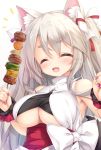  1girl :d ^_^ animal_ear_fluff animal_ears azur_lane bangs bare_shoulders blush bow breasts cat_ears cat_girl closed_eyes eyebrows_visible_through_hair facing_viewer fang fingernails food hair_between_eyes hair_bow hands_up highres holding holding_food japanese_clothes large_breasts long_fingernails long_hair meat mikagami_mamizu nail_polish obi open_mouth purple_nails sash scrunchie silver_hair simple_background skewer smile solo thick_eyebrows two_side_up underboob underboob_cutout upper_body very_long_hair white_background white_bow wrist_scrunchie yuudachi_(azur_lane) 