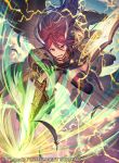 1girl book company_name copyright_name cordelia_(fire_emblem) feathers fire_emblem fire_emblem_awakening fire_emblem_cipher hair_ornament holding holding_book holding_weapon lightning long_hair magic_circle official_art open_book open_mouth pegasus pegasus_knight polearm red_eyes red_hair solo umiu_geso weapon wing_hair_ornament 