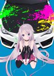  1girl bare_shoulders between_legs black_choker blonde_hair blue_background blue_eyes boots braid car choker detached_sleeves expressionless full_body gonchuu_(gontyuu) ground_vehicle hand_between_legs highres ia_(vocaloid) long_hair looking_at_viewer motor_vehicle multicolored_hair paint_on_face paint_splatter pink_hair pink_skirt pleated_skirt single_thighhigh sitting skirt solo streaked_hair thigh_strap thighhighs twin_braids two-tone_hair very_long_hair vocaloid wariza white_footwear 
