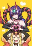  2girls :p arm_warmers blonde_hair commentary_request eyebrows_visible_through_hair eyeshadow facial_mark fangs fate/grand_order fate_(series) heart heart_hands highres ibaraki_douji_(fate/grand_order) makeup multiple_girls oni_horns open_mouth purple_hair shuten_douji_(fate/grand_order) shuten_douji_(halloween_caster)_(fate) symbol-shaped_pupils tamori_tadaji tongue tongue_out yellow_background 