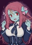  1girl ahoge bandages blue_skin breasts forehead_scar frgs highres large_breasts minamoto_sakura open_mouth polka_dot_ribbon red_eyes red_hair ribbon scar side_ponytail solo text_focus translation_request underbust uniform zombie zombie_land_saga 