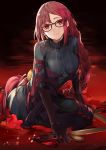  1girl braid check_character consort_yu_(fate) fate/grand_order fate_(series) g_yuusuke glasses long_hair looking_at_viewer red_eyes red_hair smile solo sword very_long_hair weapon 