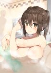  1girl bangs bathing blush body_mahattaya_ginga braid breasts brown_eyes brown_hair convenient_censoring empty_eyes hair_between_eyes hypnosis large_breasts looking_at_viewer mind_control original short_hair smile solo_focus steam stretch twintails wet 