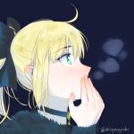  1girl ahoge artoria_pendragon_(all) black_bow blonde_hair blue_background bow choker covering_mouth fate/unlimited_codes fate_(series) from_side green_eyes hair_bow hand_over_own_mouth karakuri2357 long_sleeves portrait profile saber_lily shiny shiny_hair short_hair simple_background solo twitter_username 