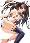  1girl :d anklet armlet ass bandeau bangs bare_shoulders bikini blush bow breasts bridal_gauntlets brown_hair cleavage detached_sleeves earrings fate/grand_order fate_(series) from_side hair_bow hair_ornament hand_up highleg highleg_bikini highres hoop_earrings ishtar_(fate/grand_order) jewelry long_hair looking_at_viewer medium_breasts neck_ring open_mouth parted_bangs red_eyes simple_background single_detached_sleeve single_thighhigh smile solo strapless strapless_bikini swimsuit thighhighs thighs tiara tukise_33 two_side_up v-shaped_eyebrows white_background white_bikini_top 