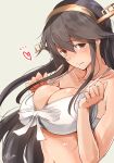  1girl bare_shoulders bikini black_hair blush breasts brown_eyes eyebrows hair_ornament hairclip haruna_(kantai_collection) hazuki_futahi headgear heart highres kantai_collection large_breasts long_hair looking_at_viewer midriff remodel_(kantai_collection) signature simple_background solo swimsuit upper_body white_background white_bikini 