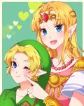  1boy 1girl :d ;t bangs bead_necklace beads blonde_hair blue_eyes blush bracer cheek_poking circlet closed_mouth earrings eyebrows_visible_through_hair forehead_jewel gem green_background green_headwear heart height_difference indisk_irio jewelry link long_hair necklace open_mouth parted_bangs pointy_ears poking princess_zelda ruby_(gemstone) short_sleeves shoulder_armor sidelocks smile spaulders super_smash_bros. tabard the_legend_of_zelda the_legend_of_zelda:_a_link_between_worlds the_legend_of_zelda:_a_link_to_the_past the_legend_of_zelda:_ocarina_of_time triforce upper_body wavy_mouth young_link 