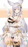  1girl animal_ears bangs bare_shoulders black_legwear blue_eyes blush breasts cleavage dress elbow_gloves erune eyebrows_visible_through_hair fingerless_gloves gloves granblue_fantasy hair_ornament hand_up highres holding korwa long_hair looking_at_viewer medium_breasts mismatched_legwear one_eye_closed oyu_(sijimisizimi) panties parted_lips quill shiny shiny_hair shiny_skin silver_hair simple_background smile solo thighhighs underwear white_background white_dress white_gloves white_legwear 