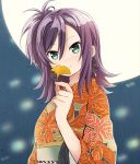  1girl abe_kanari alternate_costume earrings floral_print full_moon ginkgo_leaf green_eyes high_school_fleet holding holding_leaf japanese_clothes jewelry katsuta_satoko kimono leaf long_hair looking_at_viewer moon orange_kimono purple_hair smile solo upper_body 