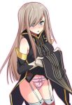  1girl blue_eyes blush bow bow_panties breasts brown_hair gloves groin hair_over_one_eye hyakuen_raitaa long_hair looking_at_viewer panties pink_panties simple_background solo tales_of_(series) tales_of_the_abyss tear_grants thighhighs underwear white_background 