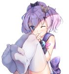  1girl azur_lane blue_eyes cross_hair_ornament crown feet hair_ornament hair_ribbon hairpin jacknavy javelin_(azur_lane) long_hair looking_at_viewer mini_crown no_shoes one_eye_closed ponytail purple_hair ribbon simple_background smile soles solo thighhighs thighs toes tongue tongue_out white_background white_legwear 