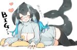  2girls :d ^_^ black_hair black_legwear blowhole blue_hair blue_nails blue_whale_(kemono_friends) blush breasts chibi cleavage_cutout closed_eyes commentary dress facing_viewer fins glasses gradient_hair grey_hair heart ichi_0w0 kemono_friends large_breasts long_hair long_sleeves lying minigirl multicolored_hair multiple_girls open_mouth ribbed_sweater simple_background sketch sleeves_past_wrists smile solo_focus sweater sweater_dress thighhighs turtleneck turtleneck_sweater whale_tail_(animal_tail) white_background white_sweater xo zettai_ryouiki 