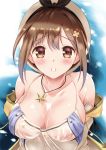  1girl atelier_(series) atelier_ryza blush breasts brown_eyes brown_hair cleavage collarbone commentary_request cum cum_on_body cum_on_breasts cum_on_upper_body eyebrows_visible_through_hair facial hair_ornament hairclip hat jewelry kouzuki_hajime large_breasts looking_at_viewer necklace reisalin_stout see-through short_hair solo star star_necklace upper_body white_headwear 