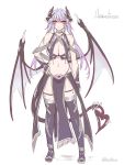  1girl artist_name black_legwear breasts cleavage demon_girl demon_tail demon_wings highres horns large_breasts lavender_hair long_hair midriff navel original pelvic_curtain pink_eyes pointy_ears revealing_clothes simple_background smile solo suzuneko_(yume_no_kyoukai) tail thighhighs twintails white_background wings 