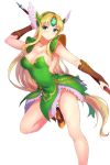  1girl absurdres blonde_hair blue_eyes blush breasts cleavage collarbone commentary_request eyebrows_visible_through_hair foot_out_of_frame frown gloves helmet highres large_breasts long_hair looking_at_viewer low-tied_long_hair mo3hig3 riesz seiken_densetsu seiken_densetsu_3 solo very_long_hair weapon winged_helmet 