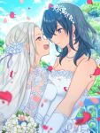  2girls bare_shoulders bead_necklace beads blue_eyes blue_sky blurry bouquet bridal_veil byleth_(fire_emblem) byleth_(fire_emblem)_(female) depth_of_field dress earrings edelgard_von_hresvelg eye_contact fire_emblem fire_emblem:_three_houses flower green_hair highres hoshido1214 jewelry long_hair looking_at_another medium_hair multiple_girls necklace petals purple_eyes silver_hair sky smile upper_body veil wedding_dress white_dress wife_and_wife yuri 