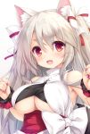  1girl :d animal_ear_fluff animal_ears azur_lane bangs bare_shoulders blush bow breasts cat_ears cat_girl eyebrows_visible_through_hair fang fingernails hair_between_eyes hair_bow hands_up highres japanese_clothes large_breasts long_fingernails long_hair looking_at_viewer mikagami_mamizu nail_polish obi open_mouth purple_nails sash scrunchie silver_hair simple_background slit_pupils smile solo thick_eyebrows two_side_up underboob underboob_cutout upper_body very_long_hair white_background white_bow wrist_scrunchie yuudachi_(azur_lane) 