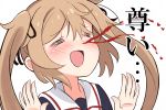  1girl black_serafuku blood closed_eyes commentary_request kantai_collection kuroten light_brown_hair long_hair murasame_(kantai_collection) neckerchief nosebleed raised_hands red_neckwear school_uniform serafuku simple_background smile solo translated twintails upper_body white_background 