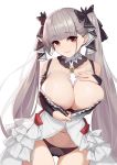  1girl areola_slip areolae ass_visible_through_thighs azur_lane bangs between_breasts black_bow black_dress black_panties black_ribbon blunt_bangs bow breasts cleavage closed_mouth collarbone cowboy_shot dress eyebrows_visible_through_hair eyelashes fingernails formidable_(azur_lane) frilled_dress frills grey_hair hair_bow hair_ribbon hand_on_own_chest highres large_breasts loading_(vkjim0610) long_hair looking_at_viewer navel panties red_eyes ribbon sidelocks simple_background solo standing stomach twintails two-tone_dress two-tone_ribbon underwear very_long_hair white_background white_dress white_ribbon 