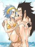  1boy 1girl barefoot bikini black_hair blue_hair blush breasts brown_eyes carrying cleavage collarbone couple eye_contact fairy_tail gajeel_redfox hairband long_hair looking_at_another ocean open_mouth outdoors princess_carry red_eyes rusky side-tie_bikini small_breasts spiked_hair swimsuit very_long_hair yellow_bikini yellow_hairband 