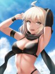  1girl :d ahoge armband armpits asymmetrical_sleeves bangs bikini black_bikini black_sleeves blonde_hair day detached_sleeves eyebrows_visible_through_hair fate/grand_order fate_(series) highres koha-ace long_sleeves looking_at_viewer navel okita_souji_(fate)_(all) okita_souji_(swimsuit_assassin)_(fate) open_mouth outdoors rj_xiii short_hair single_sleeve smile solo swimsuit upper_body wristband yellow_eyes 